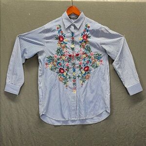 Zara‎ Blue and Red Floral Embroidered Casual Shirt